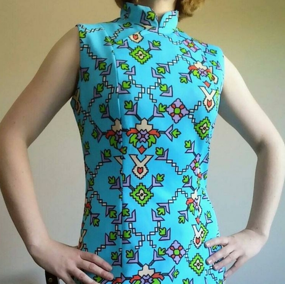 60's Cheongsam Turquoise Aztec Designer Dress - Picture 9 of 9